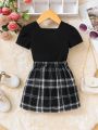SHEIN Baby Square Neck Tee & Plaid Print Button Detail Skirt