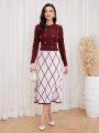 SHEIN Modely Pearl, Beaded, Rhinestone Detail Knitted Sweater Dress In Check Pattern