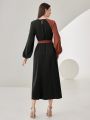 SHEIN Modely Women's Color Block Lantern Sleeve Dress With Belt