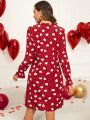 EMERY ROSE Valentine's Day Women Love Heart Print Flare Long Sleeve Dress With Scoop Neckline