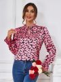 SHEIN LUNE Ladies' Long Sleeve Shirt With Heart Print And Ruffle Hem