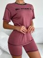 Women's Letter Printed Short Sleeve Homewear Set With Color Blocking And Contrast Stitching