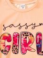 Little Girl's Leopard Print & Letter Printed Short Sleeve T-Shirt