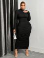 SHEIN SXY Plus Size Sexy Ruched Long Sleeve Turtleneck Bodycon Dress