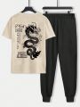 Plus Size Men's Dragon & Letter Print Short Sleeve T-shirt And Solid Color Joggers Set