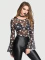 ROMWE Goth Women's Spider Print Mesh Top