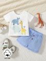 SHEIN 2pcs Baby Boy Casual/Cute Animal Patterned Hippopotamus Giraffe Elephant T-Shirt And Striped Shorts Set, Suitable For Spring/Summer Outings