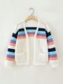 Tween Girl Rainbow Striped Pattern Drop Shoulder Open Front Cardigan