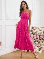 SHEIN Privé Women Valentine's Day Romantic Date Party Halter Neck Ruffle Maxi Dress In Rose Red