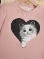 SHEIN Kids QTFun Tween Girl Cat Print Tee