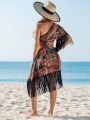 SHEIN Swim BohoFeel Women's Floral Print Fringed Hem Poncho Dress