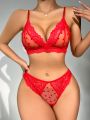 Heart Print Contrast Lace Lingerie Set