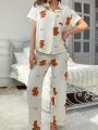 Ladies' Pajama Set With Bear And Letter Print