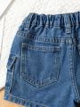 Girls' Mid Washed Blue Denim Shorts With Folded Hem