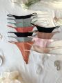Women's Solid Color Ribbed Thong Panties (12 Pieces/Set)