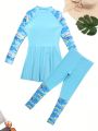 2pcs Teen Girls' Sporty Blue Ocean Printed Long Sleeve Dress With Beachside Sport Set