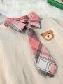 Teenage Girls' Teddy Bear Patchwork Sweatshirt, Plaid Pleated Skirt And Tie Set