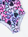 Young Girls' One Piece Swimsuit With Heart Print And Bow Decoration