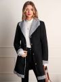 SHEIN Frenchy Ladies' Contrast Color Lamb Wool Turn Down Collar Single Breasted Coat