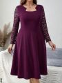 EMERY ROSE Plus Size Women's Lace Splice Long Sleeve Notched-neck Dress