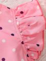 Baby Girl Polka Dot Print Square Neck Romper And Shorts Fashionable Sweet Woven Outfit