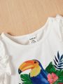 SHEIN Baby Girl's Casual Parrot Print Ruffle Sleeveless Top And Denim Shorts Set For Summer Vacation