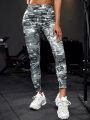 Camo Print Wideband Waist Topstitching Sports Leggings