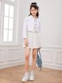 Tween Girls' Basic Casual College Style White Slim Fit Denim Jacket