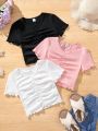 SHEIN Kids EVRYDAY 3pcs/Set Tween Girl Knitted Solid Color Pleated Short Casual T-Shirt