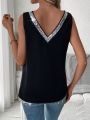 SHEIN LUNE Women's V-neck Sequin Patchwork Vest