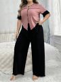 Women'S Plus Size Contrast Color Button Detail Top And Solid Wide-Leg Pants Pajama Set