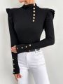 SHEIN Privé Button Detail Ruffle Trim Stand Collar T-shirt