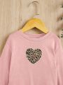 SHEIN Baby Girls' Leopard Print Heart Embroidery Round Neck Long Sleeve Sweatshirt