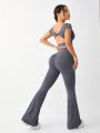 SHEIN Daily&Casual Women'S Backless Crop Top And Bell Bottom Athletic Set