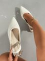 Fashionable Pointed Toe Satin Muller Shoes With Back Strap, Low Heel, Versatile Beige Color