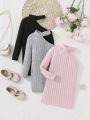 SHEIN Baby Girls' Casual Solid Color Knitted One Shoulder Dress Three-piece Set