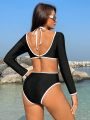 SHEIN Swim Chicsea Ladies' Colorblock Swimwear With Lace Insets, One-Piece Swimsuit