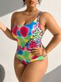 SHEIN Swim Vcay Plus Size Tie Dye Patchwork Leopard Print One-Piece Swimsuit