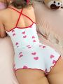 Butterfly Decorated Heart Patterned Sleepwear Cami Jumpsuit With Shorts