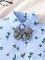 2pcs/Set Baby Boy's Palm Tree Print Short Sleeve Shirt And Suspenders Shorts Gentlemen Outfit For Holiday & Party