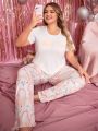 Plus Size Letter Print Short Sleeve T-Shirt With Heart Print Pants Pajama Set