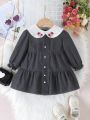 Baby Girls' Long Sleeved Denim Dress With Detachable Lace Trim, Can Be Worn 2 Ways