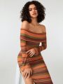 THE VAULT Striped Print Off Shoulder Crop Top & Split Thigh Skirt