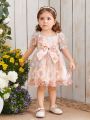 Baby Girls' Embroidered Floral Mesh Dress With Bow Decoration, Elegant & Romantic Party Dress For Festival