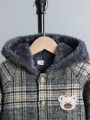 Young Boy Plaid Print Bear Embroidery Raglan Sleeve Hooded Coat & Pants