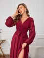 Lantern Sleeve Split Thigh Belted Chiffon Bridesmaid Dress