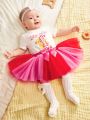 SHEIN Newborn Baby Girls' Short Sleeve Cartoon Print Romper With Mesh Tutu Skirt Set