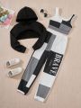 SHEIN Teen Girls' Super Crop Hoodie & Colorblock Vest & Letter Print Pants Outfit Set