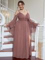 Plus Cold Shoulder Flounce Sleeve Ruched Split Thigh Bridesmaid Dress