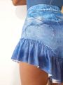 KUNSHENG Ruffle Hem Denim Skort